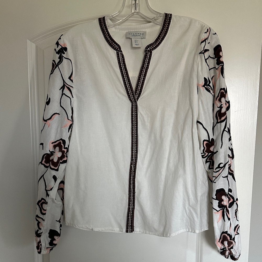 Calypso St. Barth White Blouse with Floral Embroidery